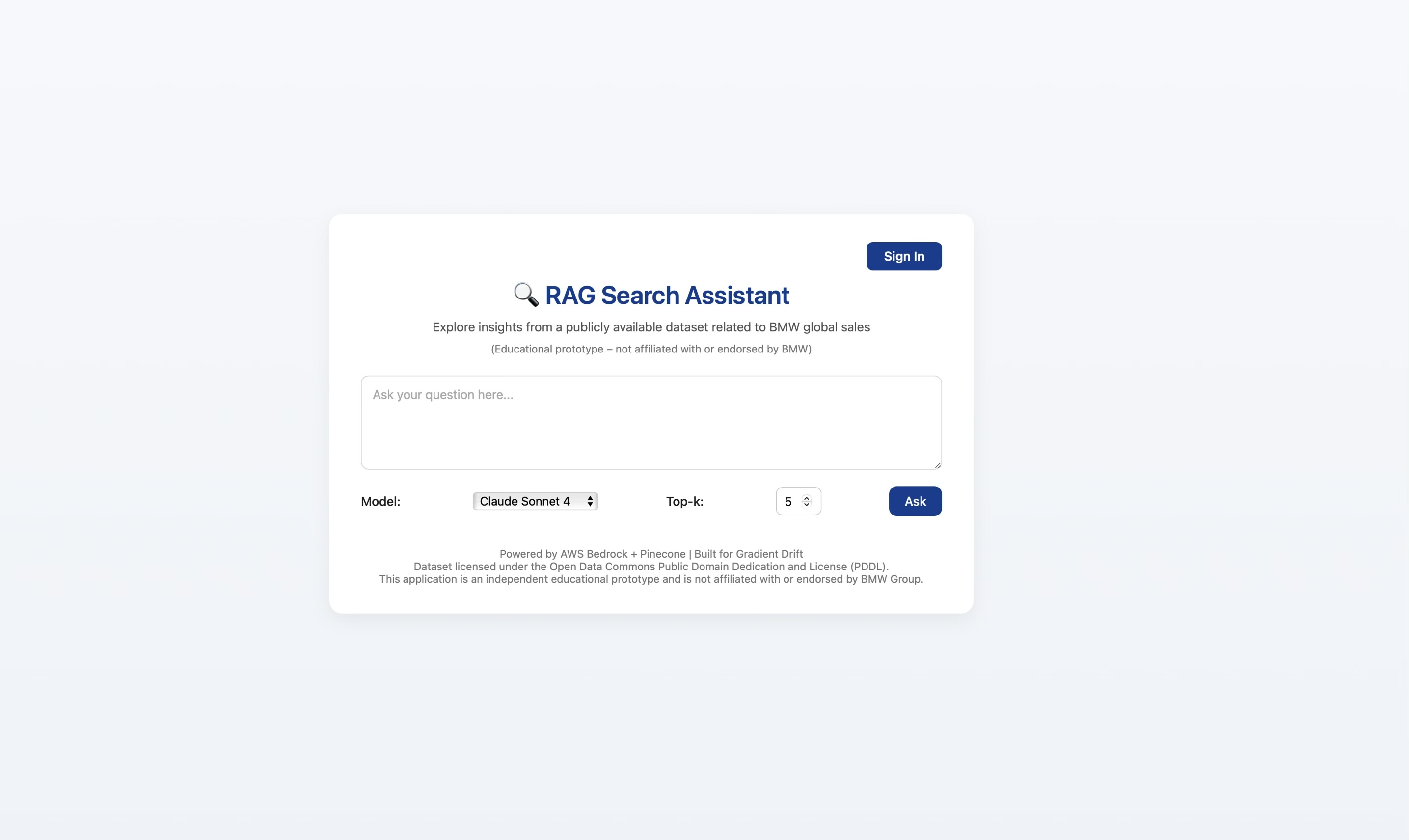 RAG Search Assistant UI Screenshot